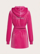Rhinestone Letter Pattern Velvet Hoodie & Skirt